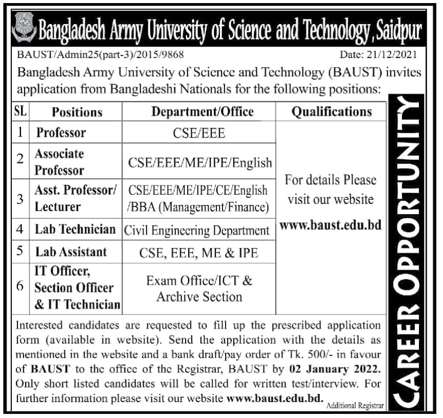 Bangladesh Army University of Science and Technology BAUST Job Circular 2021
